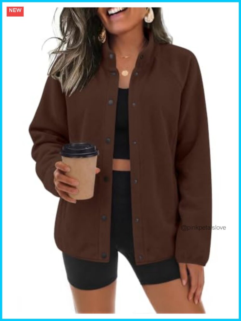 Women's Fleece Jacket Button Down Stand Collar Winter Coat with Pockets